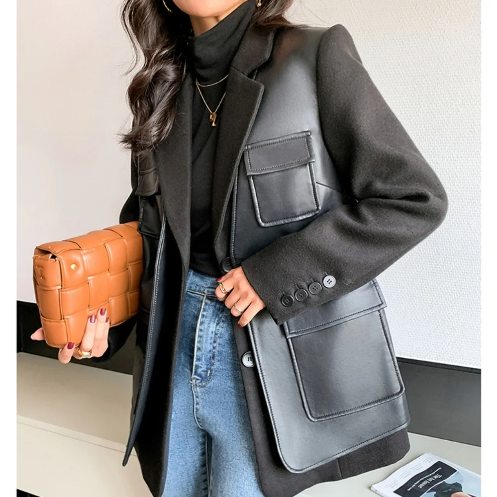 Autumn Black Patchwork Leather Jacket Women with Many Pockets Long Sleeve - Picture 8 of 10